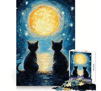 Puzzle Chats Lune Nuit Étoilée pour Adolescents 1000 Pièces Exercice de Logique Évasion Sérénité Bords Nets Joli Cadeau (38x52cm)