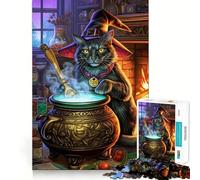 Puzzle Chaudron de Chat Sorcière pour Adultes 1000 Pièces Jeu de Réflexion et d'Aptitude Découpe de Haute Précision Défi Divertissant pour Les Temps Passants (38x52cm)