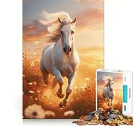 Puzzle Cheval Blanc au Coucher du Soleil pour Adultes 1000 Pièces Jeu de Réflexion Découpe de Précision Bords Lisse Défi Amusant pour Passer Le Temps (50x75cm)