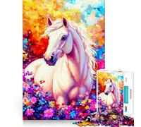 Puzzle Cheval Blanc dans Les Fleurs pour Adultes 1000 Pièces Jeu de Mémoire Solide Assemblage Sécurisé Jeu de Connexions Significatif (38x26cm)