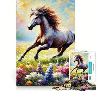 Puzzle Cheval Blanc dans Un Champ de Fleurs pour Adolescents 1000 Pièces Jeu de Mémoire Amusant Surface Lisse sans Bavures Cadeau d'anniversaire Casse-tête (38x26cm)