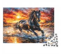 Puzzle Cheval Noir au Galop pour Adultes et Enfants Cheval Noir Courant dans l'eau 1000 pièces Jeu Éducatif Décoratif Mural 38 x 26 cm