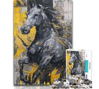 Puzzle Cheval Noir Doré 1000 pièces, Difficile à compléter mais Amusant et Humoristique avec Affiche et fiche de Questions-réponses Assorties 38x26cm