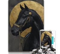 Puzzle Cheval Noir Doré 1000 pièces pour Adolescents, Jeu Stimulant et Jeu Familial avec des pièces entièrement emboîtables de Formes aléatoires 38x26cm