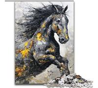 Puzzle Cheval Noir Doré 1000 pièces pour Ados et Adultes, Assemblage de Motifs Amusant à la Maison, Cadeau d'anniversaire, Cadeau de Voyage (26x38cm)
