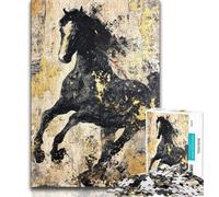 Puzzle Cheval Noir Doré 1000 pièces pour Adultes et Adolescents, Aide Le Cerveau à exercer des Jouets addictifs pour cultiver la Patience, Convient aux Couples 50x75cm