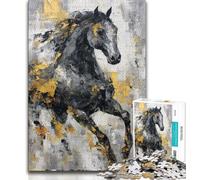Puzzle Cheval Noir Doré pour Adultes 1000 pièces, Difficile à Compléter, mais Amusant et Humoristique, Décoration d'Intérieur Unique et Cadeaux 50x75cm
