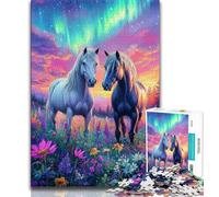 Puzzle Chevaux sous l'aurore boréale pour Adultes 1000 pièces, Difficile à compléter mais Amusant et Humoristique avec Affiche et Feuille de Questions Assorties 50x75cm