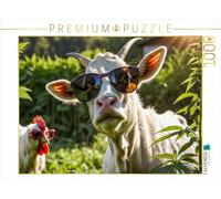 Puzzle · Chèvre avec Lunettes de Soleil dans Un Champ de Chanvre | Farm Vibes au niveau THC · La chèvre et la poule avec Shades se… · 1000 pièces · Format assemblé 64 × 48 cm · CALVENDO Puzzle