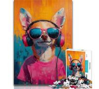Puzzle Chihuahua écoutant de la Musique 1000 pièces pour Adultes, Jeu Stimulant et Jeu Familial avec des pièces entièrement emboîtables de Formes aléatoires 38x26cm