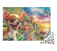 Puzzle Chiot Coloré 1000 Pièces pour Adultes Chihuahua Voiture Phare Bord de Mer Premium Épais Robuste Vibrant Difficile Anti-Stress Cadeau Famille 52x38cm