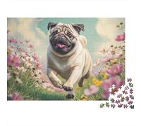 Puzzle Chiot Mignon 1000 pièces pour Adultes, Carlin Courant sur Chemin Fleuri Rose, Difficile, épais, Robuste, Vibrant, Anti-Stress, déco familiale 38x26cm/1000pcs