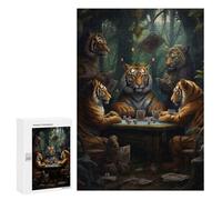 Puzzle Classique, 300 PCS, Représentant Tigers Playing Poker in The Jungle-1, comme Défi Relaxant pour Les Amateurs De Puzzles, pour Jouer Ensemble