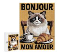 Puzzle Classique, 500 PCS, Représentant Bonjour Mon Amour Cat with Coffee and Croissant, comme Loisir Apaisant pour Les Passionnés, pour Les Heures De Détente