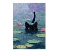 Puzzle Classique pour Adultes, Motif Black Cat in Water Lilies Pond, 300 PCS