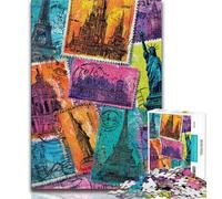 Puzzle Collage de Timbres de Paris 1000 Pièces pour Adultes et Ados, Jouets Éducatifs, Jeux Anti-Stress, Liste de Souhaits avec Père Noël (38x26cm)