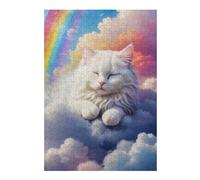 Puzzle Coloré pour Adultes, Motif White Cat Sleeping Clouds, 300 PCS