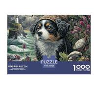 Puzzle Complexe 1000 Pièces Chien - Border Collie Fleurs Rivière Jeu Familial Amusant Idée Cadeau Hommes Femmes 38x26cm