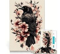 Puzzle Corbeau aux Fleurs Roses pour Adolescents 1000 Pièces Jeu de Logique Transparente Découpe Parfaite Surprise d'anniversaire (38x52cm)