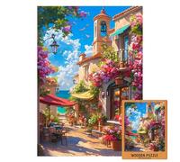 Puzzle côtier italien coloré | Romantic Wooden Jigsaw of Mediterranean Village by The Sea | Puzzle floral Summer Art Puzzle | Coastal Gift (S - 50 pièces)