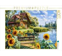 Puzzle · Cottage Maison au Bord de l'eau avec Champ de tournesols Devant | Maison cottage au bord de l'eau avec un champ de tournesols… · 1000 pièces · Format assemblé 64 × 48 cm · CALVENDO Puzzle