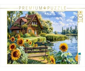 Puzzle · Cottage Maison au Bord de l'eau avec Champ de tournesols Devant | Maison cottage au bord de l'eau avec un champ de tournesols… · 1000 pièces · Format assemblé 64 × 48 cm · CALVENDO Puzzle