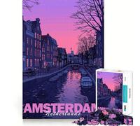 Puzzle Coucher de Soleil sur Le Canal d'Amsterdam 1000 pièces Stimulation Cognitive Pièces nettes et sans bavures Jeu de Loisirs d'intérieur pour Les fêtes (38x52cm)