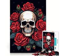 Puzzle Crâne et Roses Rouges pour Adultes 1000 Pièces Renforce la mémoire Apaisant et Amusant Bord de qualité Joli Cadeau 50x75cm
