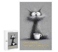 Puzzle D’Art Détaillé First Coffee... Then World Domination - Cat with Coffee pour Adultes, 1000 PCS, comme Loisir Apaisant pour Les Passionnés, pour Les Moments Calmes