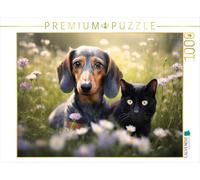 Puzzle · Dackel und Eine Schwarze Katze faulenzen Auf Einer Blumenwiese