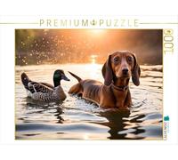 Puzzle · Dackel und Ente schwimmen im Wasser | Tierische Freundschaft · 1000 pièces · Format assemblé 64 × 48 cm · CALVENDO Puzzle