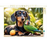 Puzzle · Dackel und Papagei in tropischer Natur | Tierische Freundschaft · 2000 pièces · Format assemblé 90 × 67 cm · CALVENDO Puzzle