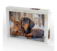 Puzzle · Dackel und Rehkitz kuscheln im verschneiten Winterwald | Tierische Freundschaft · 1000 pièces · Format assemblé 64 × 48 cm · CALVENDO Puzzle