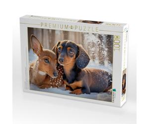 Puzzle · Dackel und Rehkitz kuscheln im verschneiten Winterwald | Tierische Freundschaft · 1000 pièces · Format assemblé 64 × 48 cm · CALVENDO Puzzle