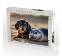 Puzzle · Dackelwelpe kuschelt mit kleinem Seehund am Strand | Tierische Freundschaft · 1000 pièces · Format assemblé 64 × 48 cm · CALVENDO Puzzle