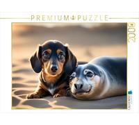Puzzle · Dackelwelpe kuschelt mit kleinem Seehund am Strand | Tierische Freundschaft · 2000 pièces · Format assemblé 90 × 67 cm · CALVENDO Puzzle