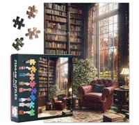 Puzzle d'angle de lecture confortable 1000 pièces - Fauteuil en cuir et grande bibliothèque, 50 x 70 cm, décoration d'intérieur pour bibliophiles, puzzle de collection sophistiqué
