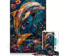 Puzzle Dauphin en vitrail de 1000 pièces pour Adolescents Jeu de réflexion et d'évasion apaisant Cadeau attentionné 38x52cm