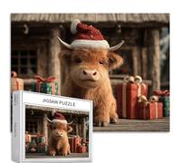 Puzzle de 1 000 pièces avec fond de maison en bois coloré pour adultes - Vache des Highlands portant un chapeau de Père Noël - Puzzle coloré à faire soi-même pour la décoration de la maison, cadeaux