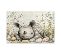 Puzzle de 1 000 pièces avec rhinocéros de printemps et de Pâques pour adultes, œufs d'animaux sauvages vintage imprimés en bois, décorations de vacances pour divertissement à domicile