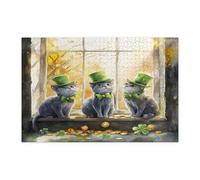 Puzzle de 1 000 pièces en bois avec chat bleu russe pour adultes - Décoration amusante pour la Saint-Patrick - Motif trèfle - Décoration créative