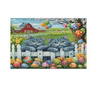 Puzzle de 1 000 pièces en bois imprimé chat bleu russe pour adultes - Œufs de clôture de ferme - Décorations à motif de campagne pour divertissement à la maison
