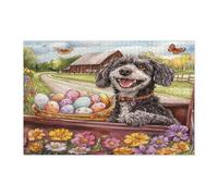 Puzzle de 1 000 pièces en bois imprimé chien d'eau portugais de printemps de Pâques pour adultes - Œufs de camion de ferme - Décorations de campagne pour fête de divertissement