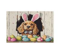 Puzzle de 1 000 pièces en bois pour adultes Cocker Spaniel de Pâques - Motif rustique amusant - Décoration de maison pour divertissement à la maison