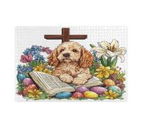 Puzzle de 1 000 pièces en bois pour adultes Cocker Spaniel de printemps Pâques - Œufs de campagne floraux chiots - Décorations amusantes pour divertissement à la maison