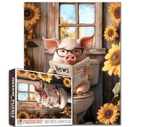 Puzzle de 1 000 pièces en Forme de Cochon sur Les Toilettes pour Adultes - Lunettes de Lecture de journaux pour décoration Murale de Salle de Bain - Animal Amusant avec tournesols - Cadeau