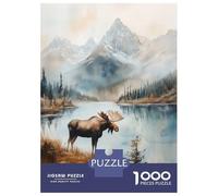 Puzzle de 1 000 pièces pour adolescents - Élan dans un paysage de montagne - Aquarelle - Puzzles pour adultes - Jeux de détente - Analyse et logique - Cadeaux de Noël et d'anniversaire - 38 x 26 cm