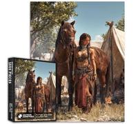 Puzzle de 1 000 pièces pour adultes - Guerrier féminin et cheval - Scène artistique colorée pour décoration de la maison, cadeaux de famille, parfait pour les soirées de jeu, 50 x 70 cm