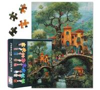 Puzzle de 1 000 pièces pour adultes - Maisons de contes de fées fantaisistes et grand arbre avec scène de foules ludiques - Puzzle de 1000 pièces pour adultes, art enchanteur (69,8 x 50 cm)