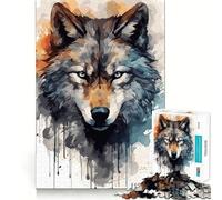 Puzzle de 1000 pièces à l'aquarelle Visage de Loup pour Adultes,Jeu Stimulant l'esprit,découpe Laser pour Un Assemblage Parfait,activité Amusante en Famille (38x26cm)